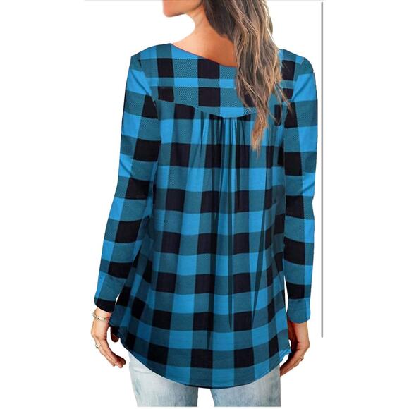 Women's Large Top Blue Black Printed Checkered Casual Tunic Blouse NWOT - Picture 3 of 8